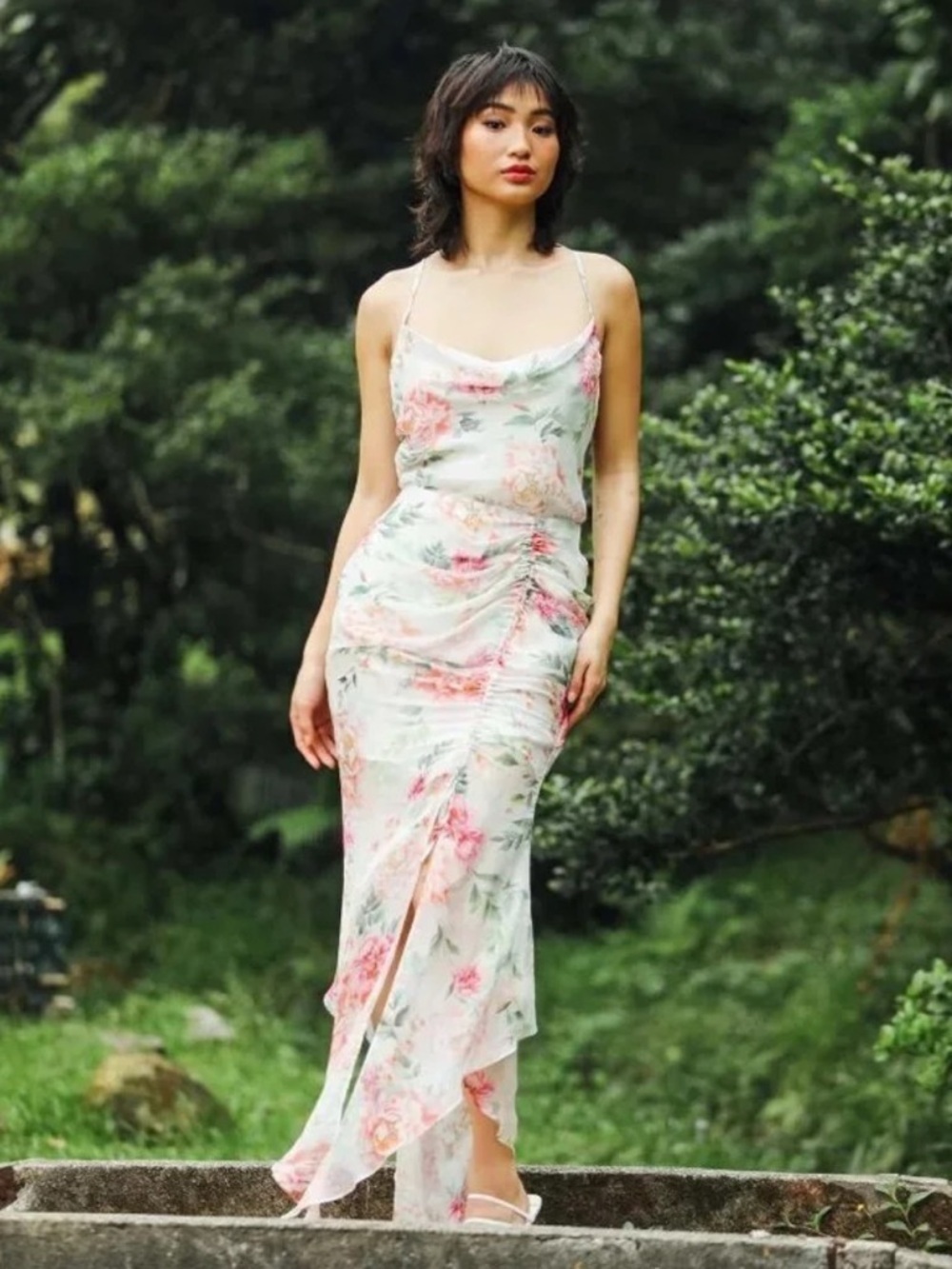 NWT Sau Lee Freida SAULEE 100% Silk Midi Ruched Floral Drapey Dress Size US 6